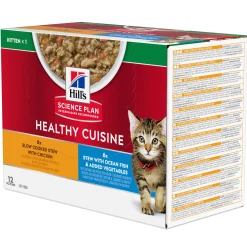 Natvoer voor katten hill's science plan healthy cuisine kitten stoofpotje met kip en toegevoegde groenten, met zalm en toegevoegde groenten multipack 12x80g