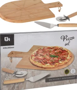 Pizzaset: plank, snijder en schep