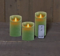 Set van 3 rustieke wax led kaarsen met bewegende vlam jade groen