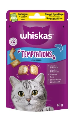 Snacks voor katten |whiskas temptations zalm 60g